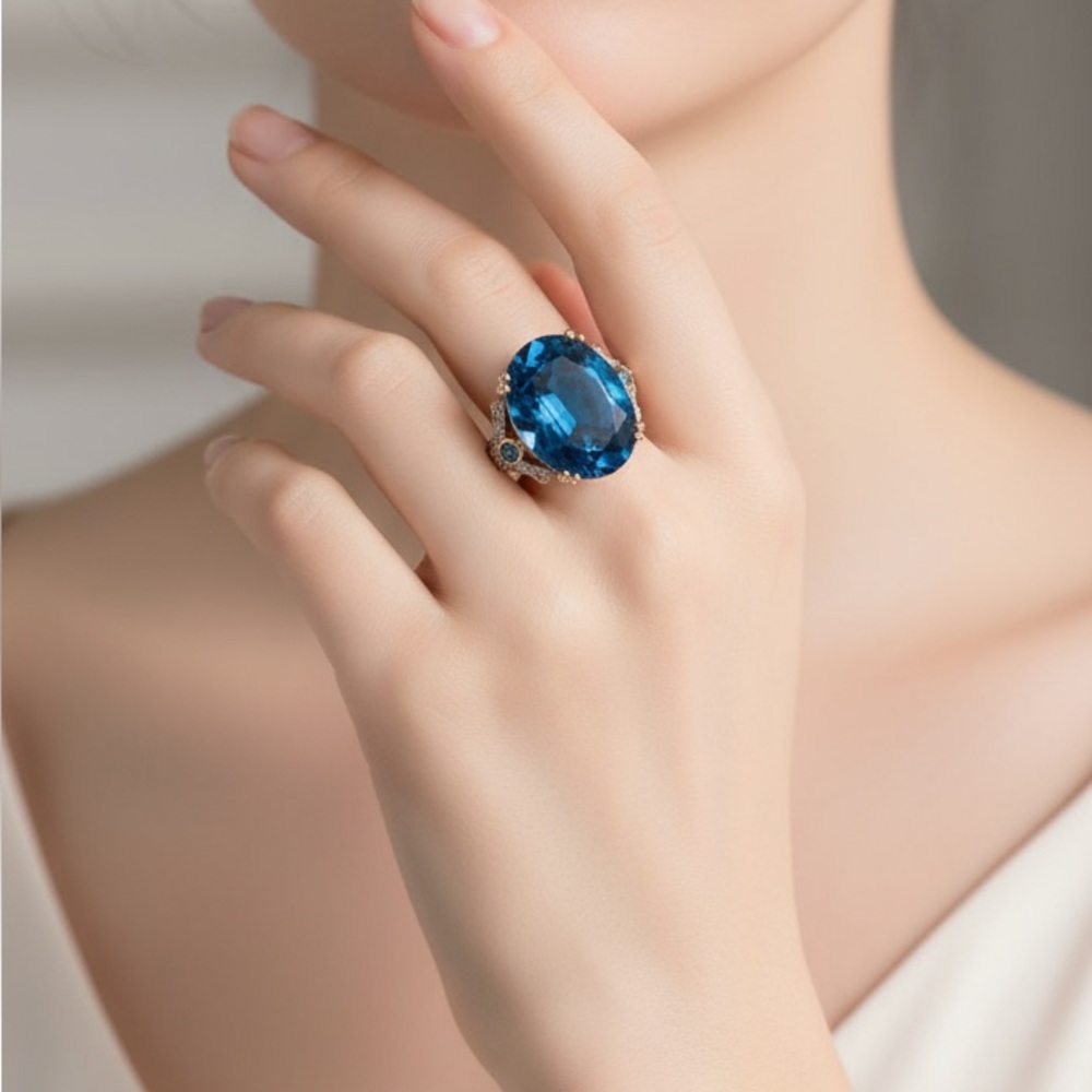NWT Sterling Silver under Gold Elegant Blue Gemstone and CZ Statement Ring